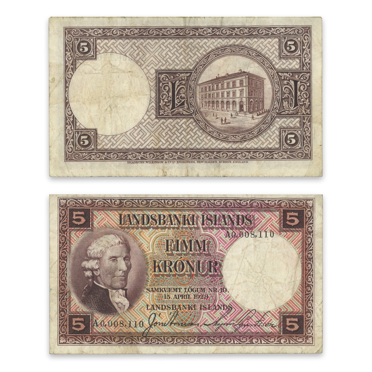 Iceland - Landsbanki Íslands 5 Krónur 1928 P# 27b VF-25