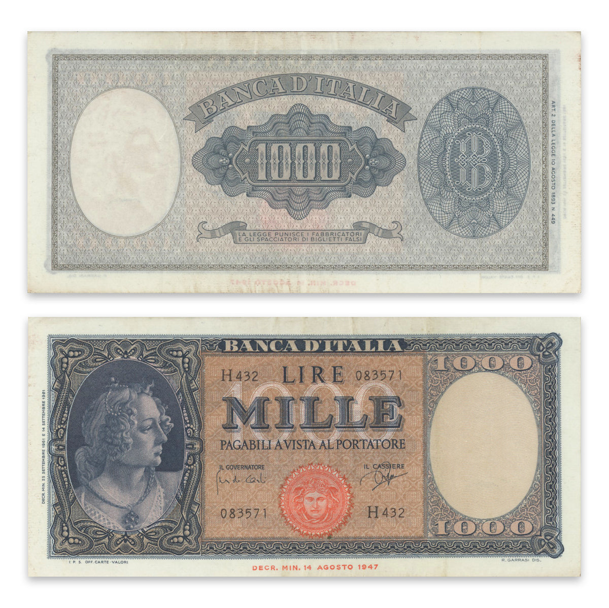 Italy 1000 Lire 1961 P# 88d EF-40