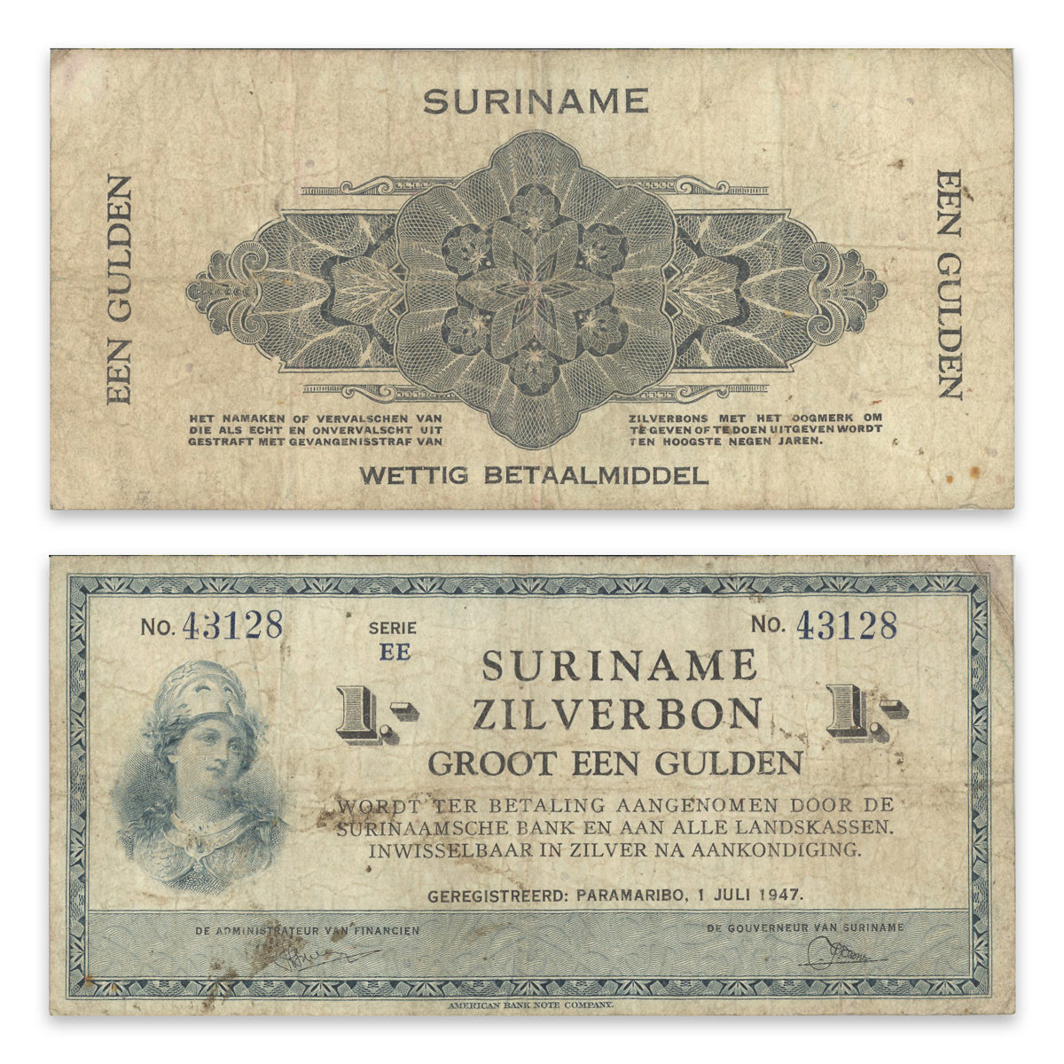 Suriname - Zilverbon 1 Gulden 1940 P# 105d F-15