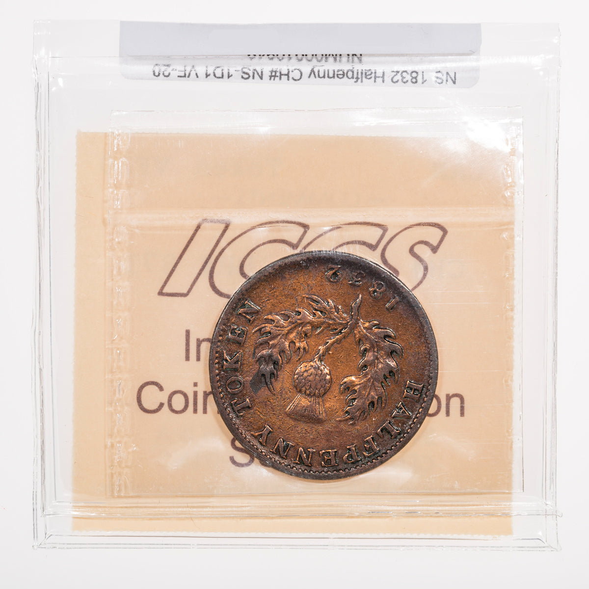Nova Scotia CH# NS-1D1 Thistle George IV Halfpenny Token 1832 Long left ribbon, Engrailed ICCS VF-20