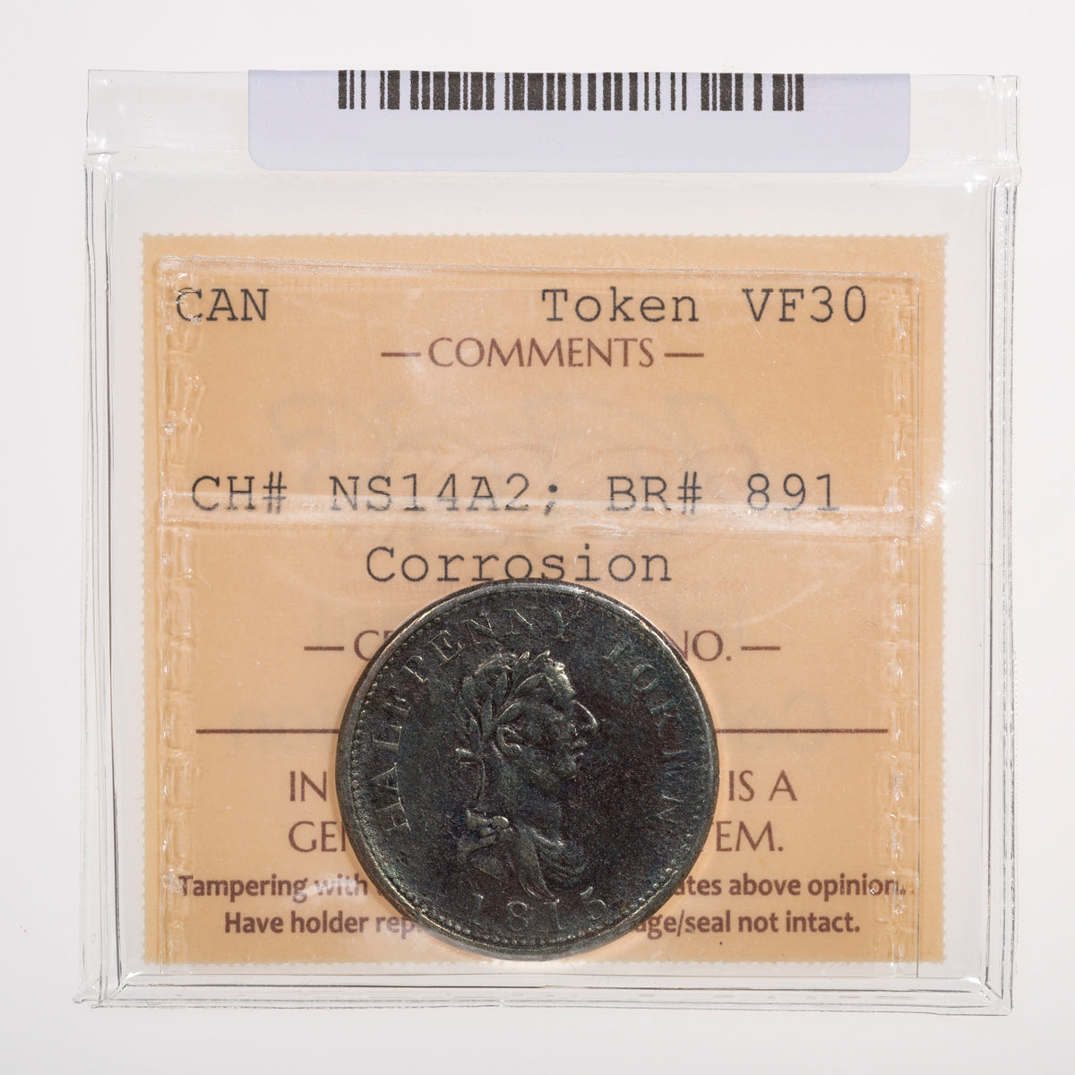 Nova Scotia CH# NS-14A2 John Alexr. Barry Halifax Halfpenny Token 1815 Large bust, 8 leaves, Copper ICCS VF-30