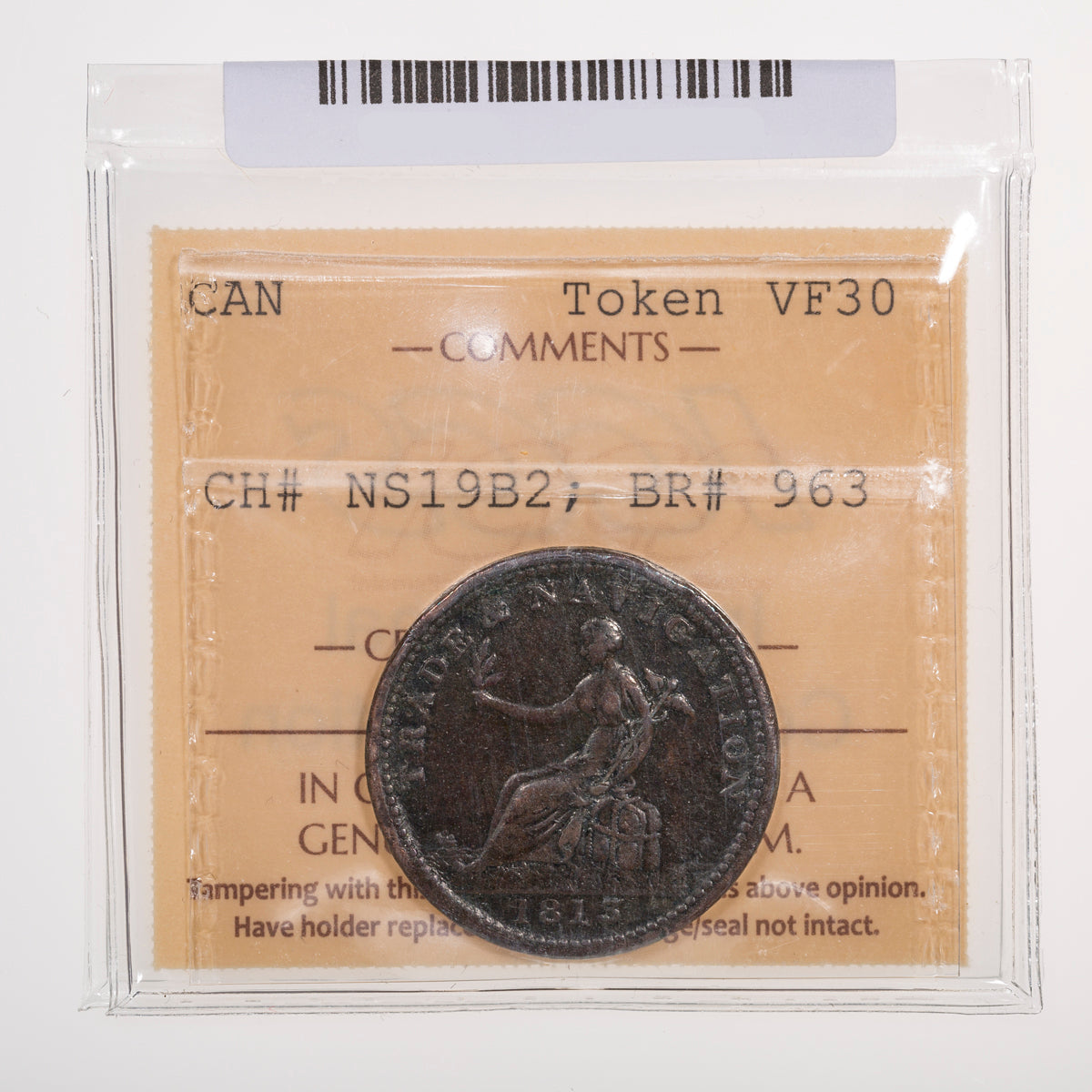 Nova Scotia CH# NS-19B2 Trade & Navigation Half Penny Token 1813 Engrailed ICCS VF-30