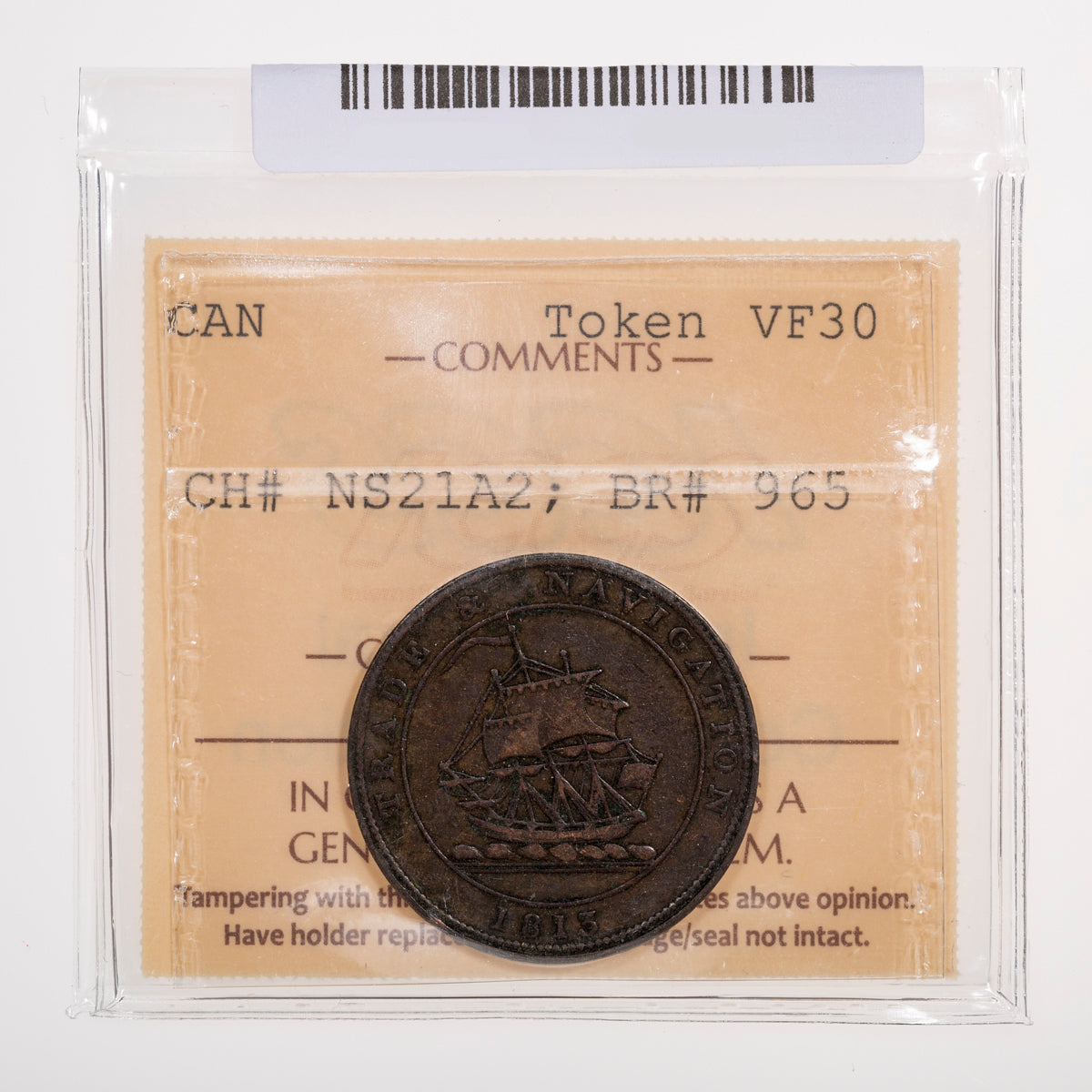 Nova Scotia CH# NS-21A2 Trade & Navigation Half Penny Token 1813 Large wave, Engrailed ICCS VF-30