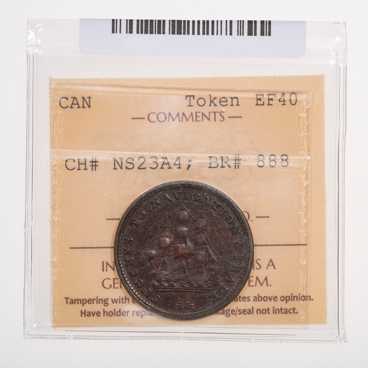 Nova Scotia CH# NS-23A4 Success To Navigation & Trade Halfpenny Token 1815 1 upper leaf, Small flag ICCS EF-40