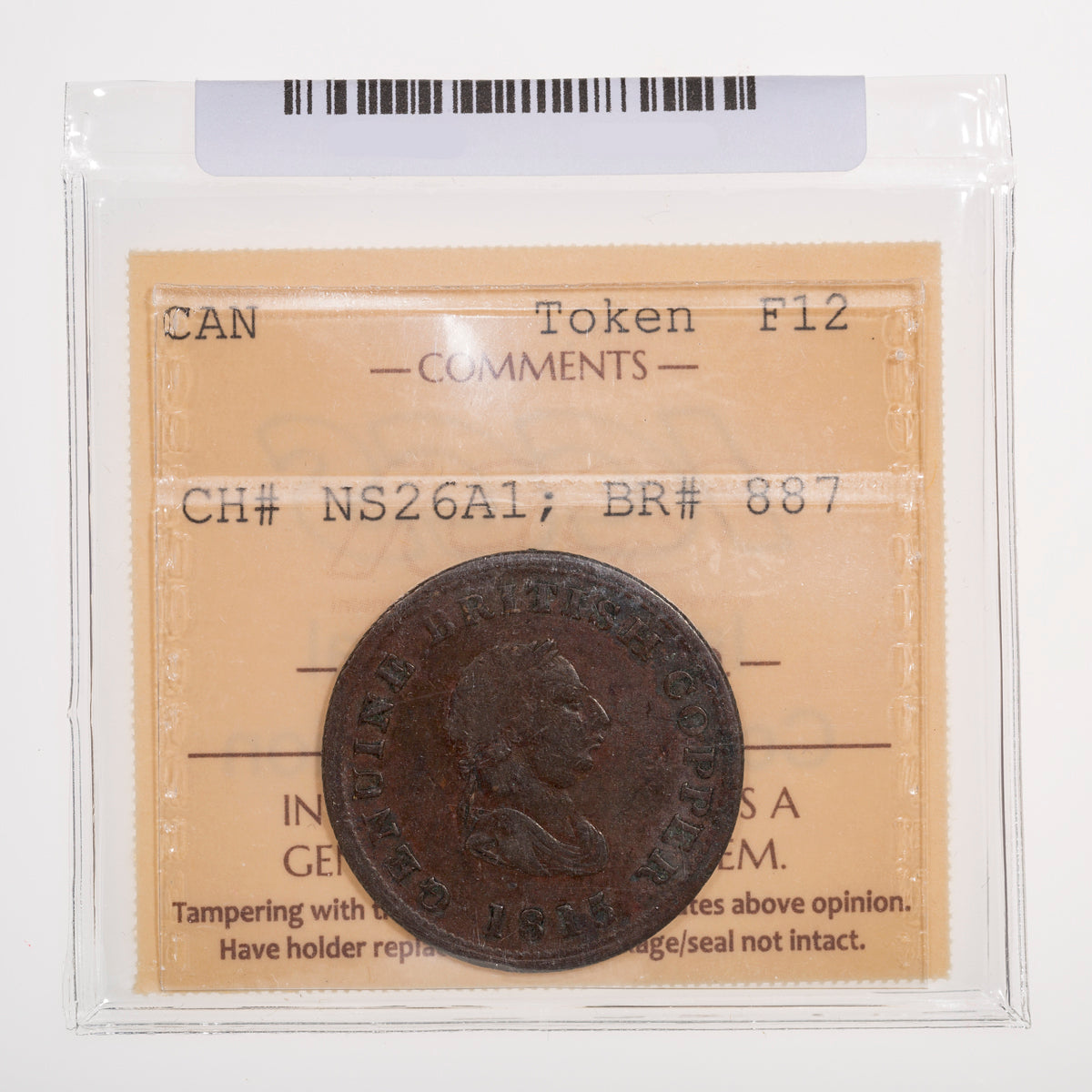 Nova Scotia CH# NS-26A2 Genuine British Copper Halfpenny 1815 Reeded ICCS F-12