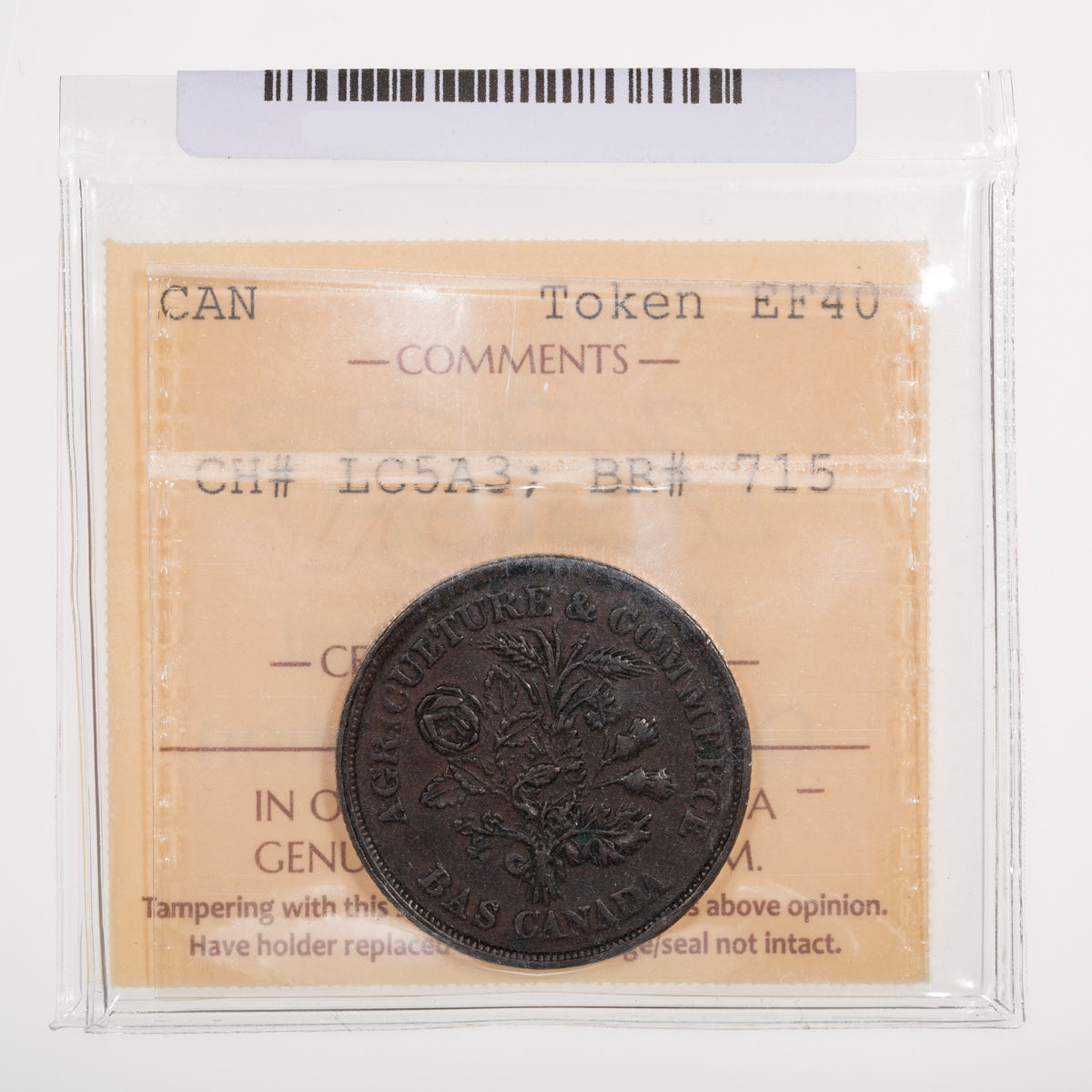 Lower Canada CH# LC-5A3 Banque Du Pouple Un Sou Bas Canada (1838) Belleville; Closed wreath, Small bow, Reeded ICCS EF-40