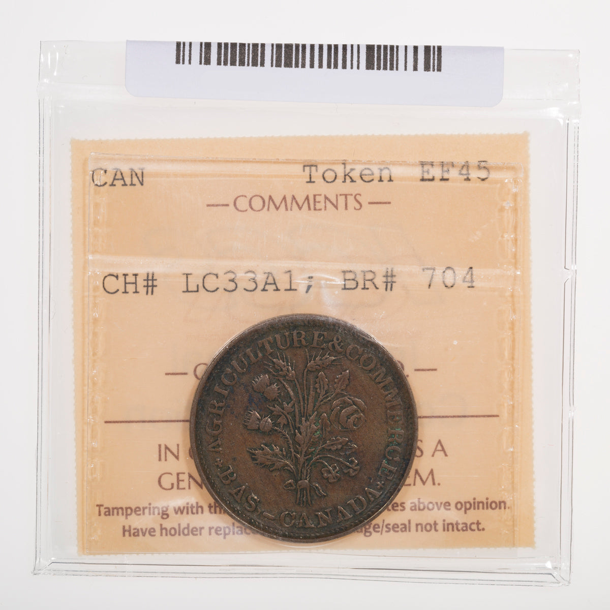 Lower Canada CH# LC-33A1 Bouquet Sou Belleville 20 Leaves 2 Shamrocks ND Small flat bow, Copper ICCS EF-45