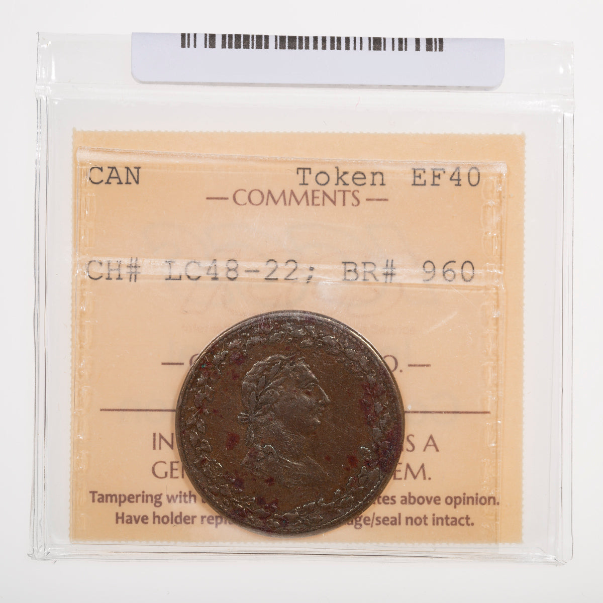 Lower Canada CH# LC-48-22 Tiffin Token 1812 Copper ICCS EF-40