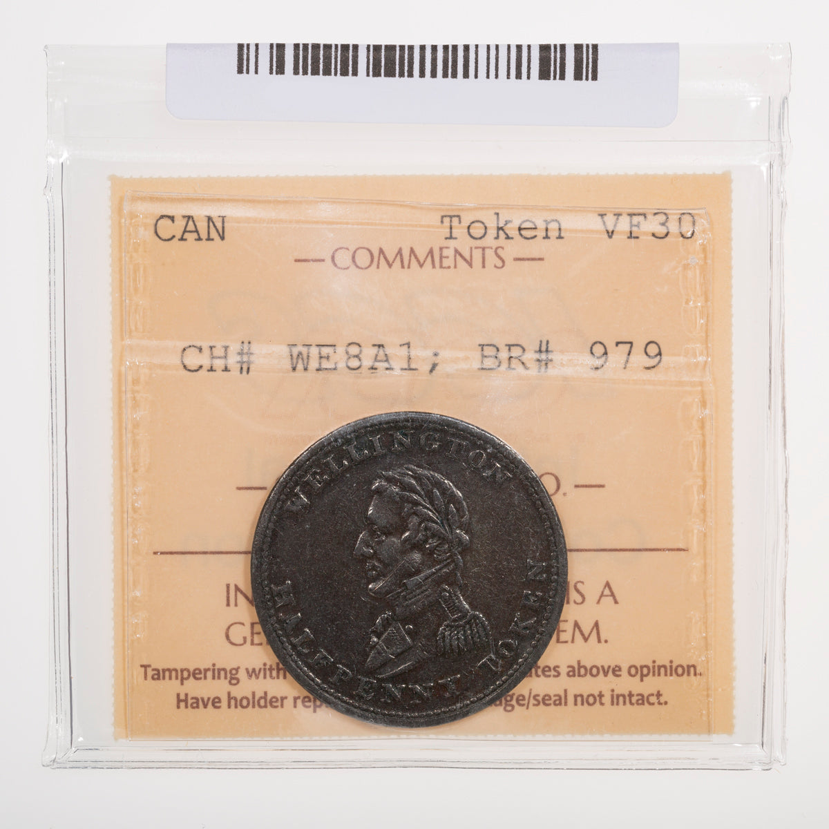 Wellington CH# WE-8A1 Welington Halfpenny Token 1814 Middle tine barbed ICCS VF-30