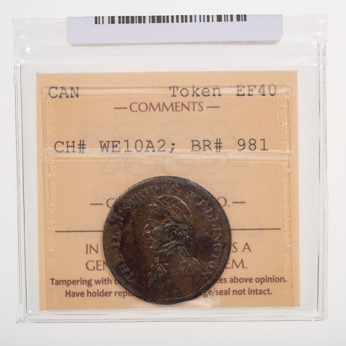 Wellington CH# WE-10A2 The Illustrious Wellington Waterloo Halfpenny 1816 Eight strings, two leaves ICCS EF-40