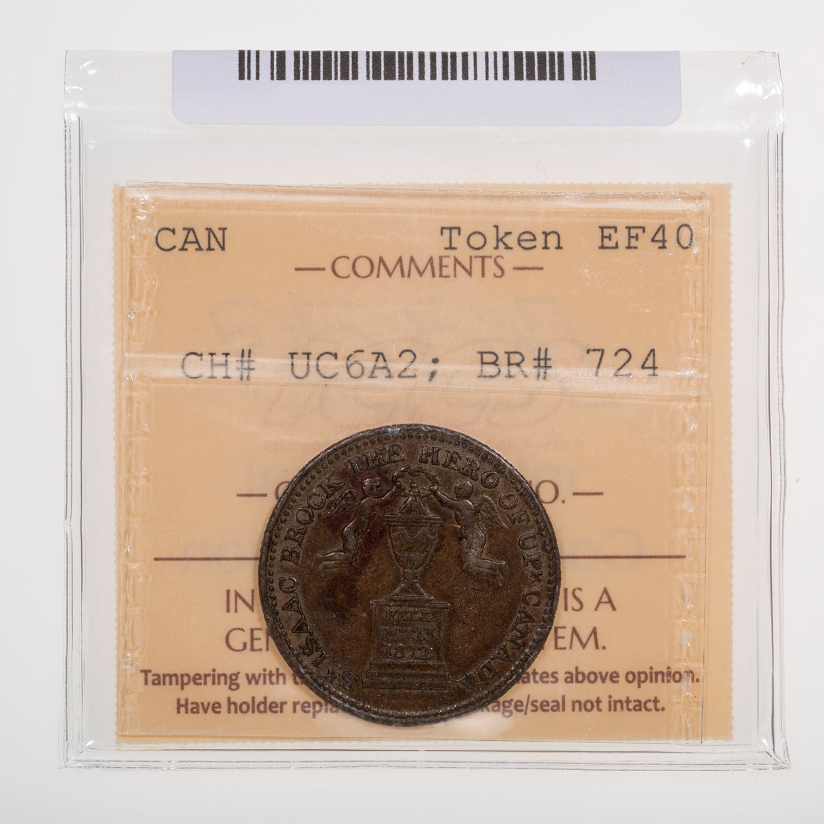Upper Canada CH# UC-6A2 Brock Token 1816 Under "TH" / "R" ICCS EF-40
