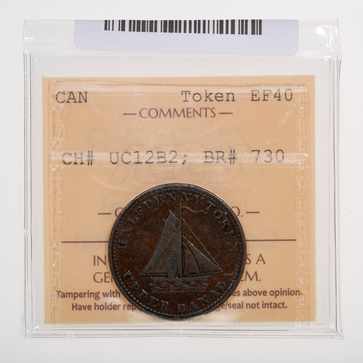 Upper Canada CH# UC-12B2 To Facilitate Trade Sloop Token 1833 Above "A" ICCS EF-40