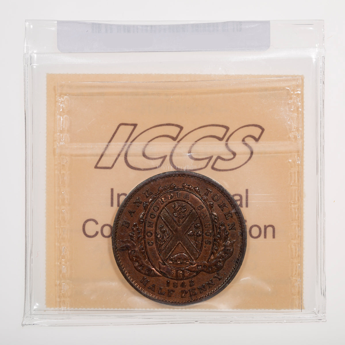 Province of Canada CH# PC-1A2 Bank of Montreal Half Penny 1842 Heavy trees, Short nose beaver ICCS EF-45
