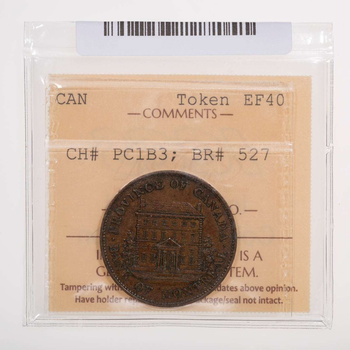 Province of Canada CH# PC-1B3 Bank of Montreal Half Penny 1844 Heavy trees, Short nose ICCS EF-40