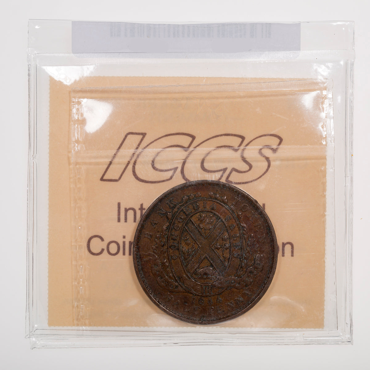 Province of Canada CH# PC-1B3 Bank of Montreal Half Penny 1844 Heavy trees, Short nose ICCS EF-40