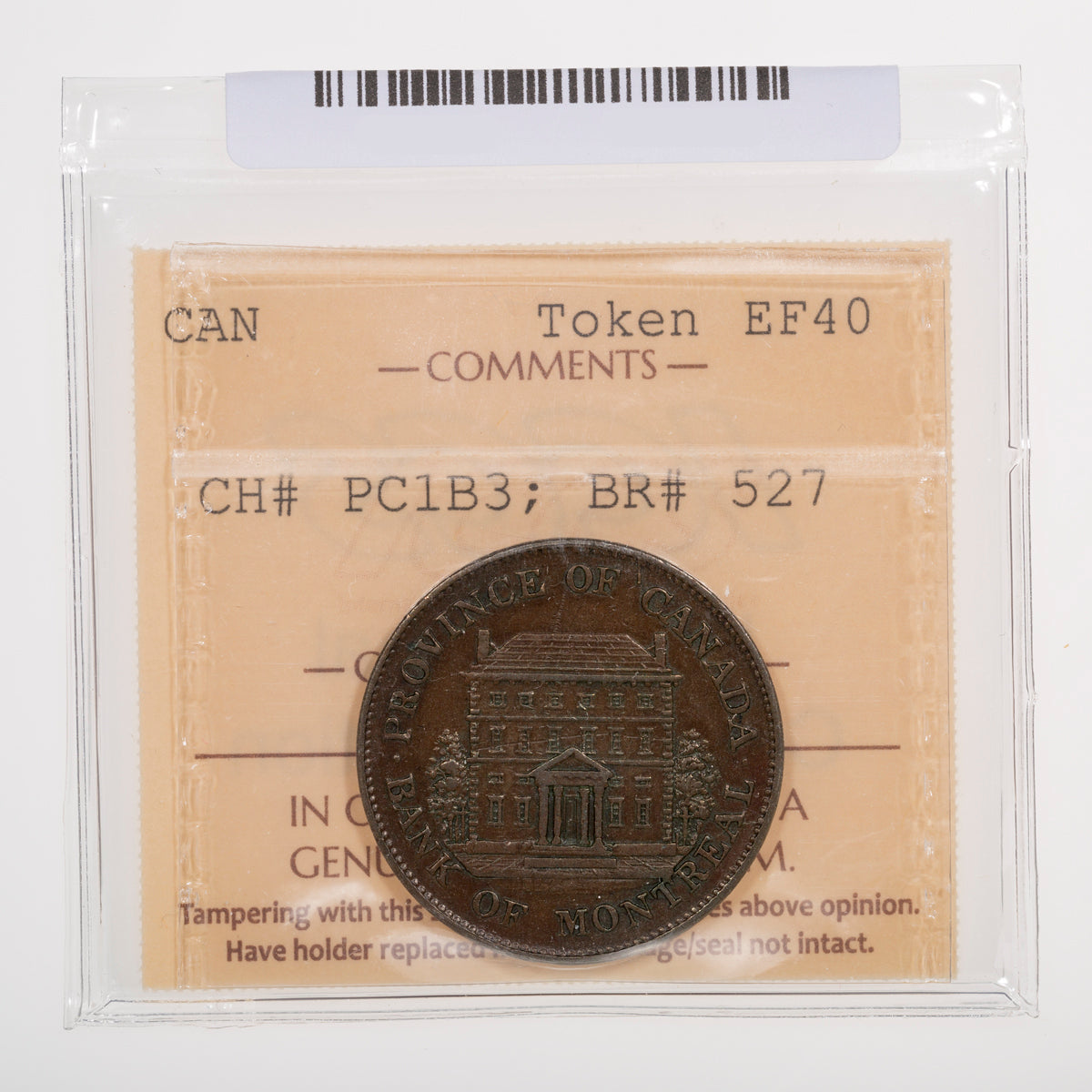 Province of Canada CH# PC-1B3 Bank of Montreal Half Penny 1844 Heavy trees, Short nose ICCS EF-40