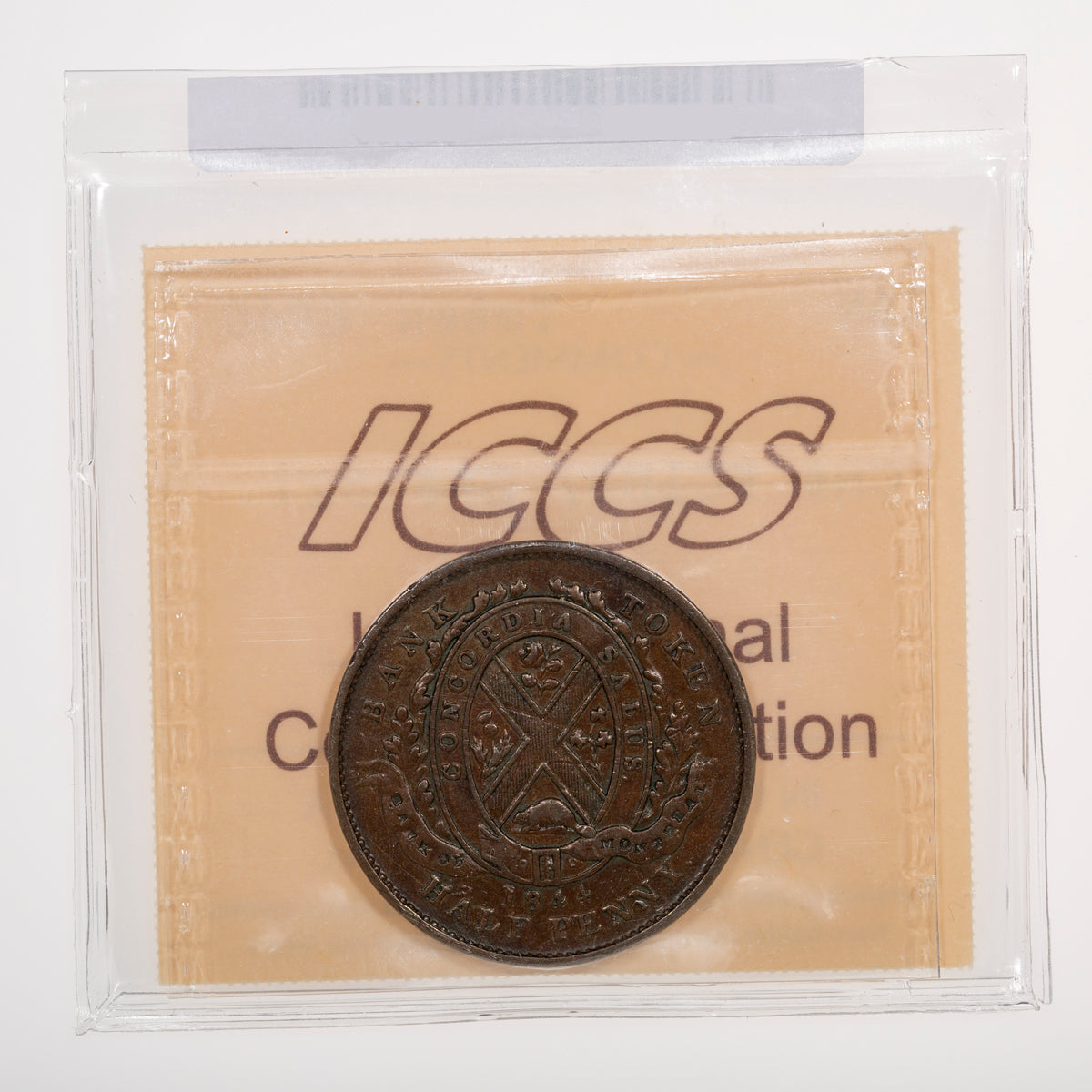 Province of Canada CH# PC-1B3 Bank of Montreal Half Penny 1844 Heavy trees, Short nose ICCS EF-40