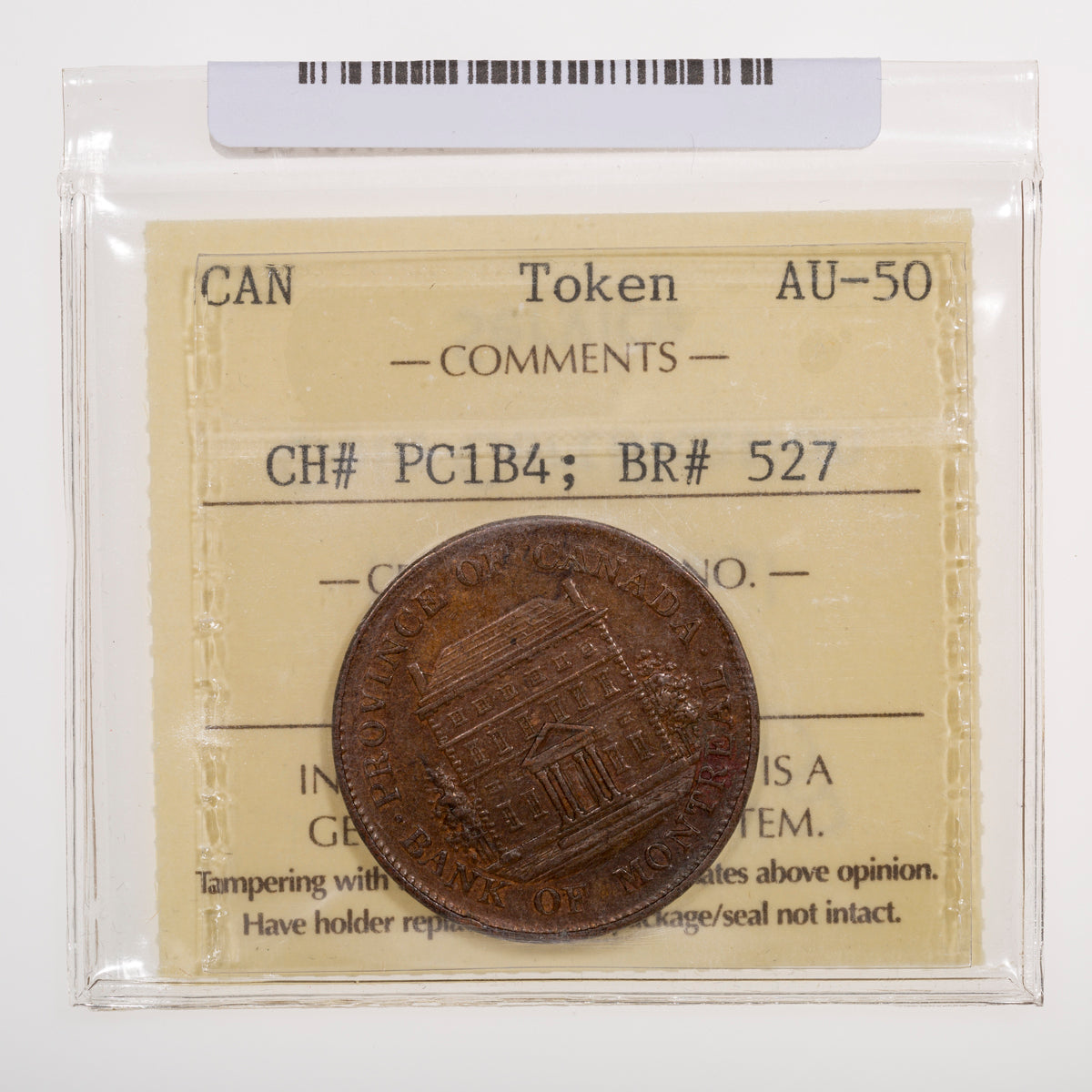 Province of Canada CH# PC-1B4 Bank of Montreal Half Penny 1844 Heavy trees, Long nose ICCS AU-50