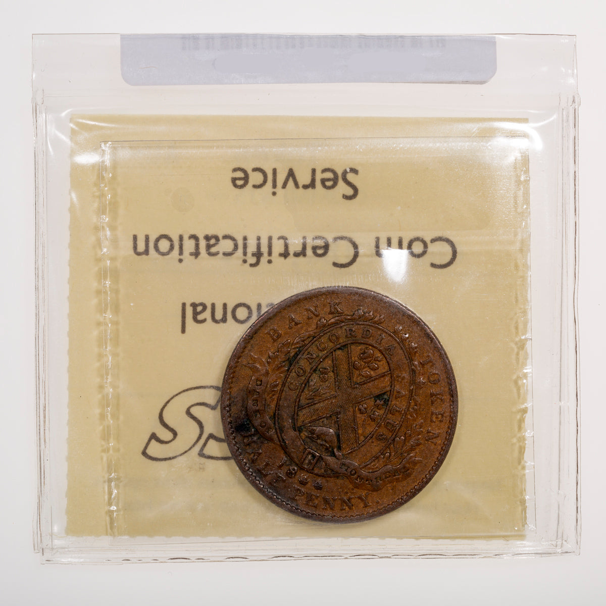 Province of Canada CH# PC-1B4 Bank of Montreal Half Penny 1844 Heavy trees, Long nose ICCS AU-50