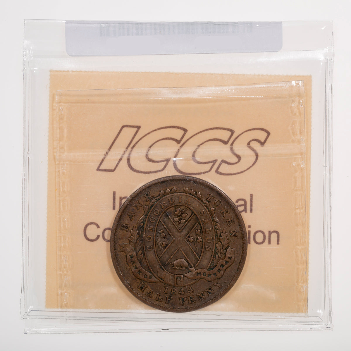 Province of Canada CH# PC-1B6 Bank of Montreal Half Penny 1844 Small trees, Long nose ICCS EF-45