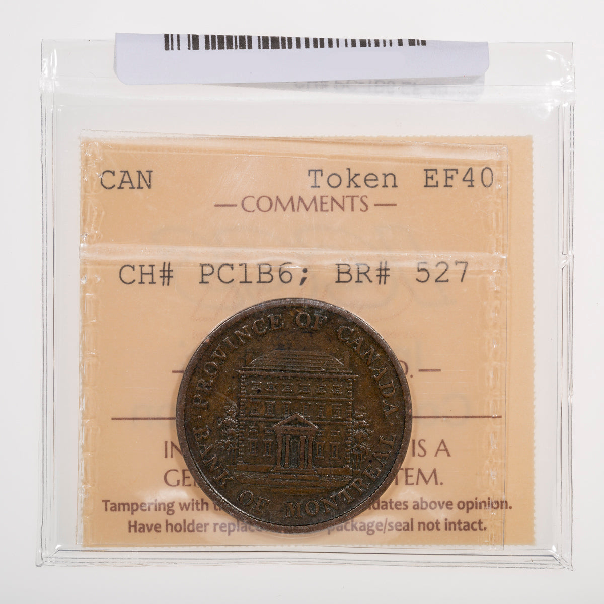 Province of Canada CH# PC-1B6 Bank of Montreal Half Penny 1844 Small trees, Long nose ICCS EF-40