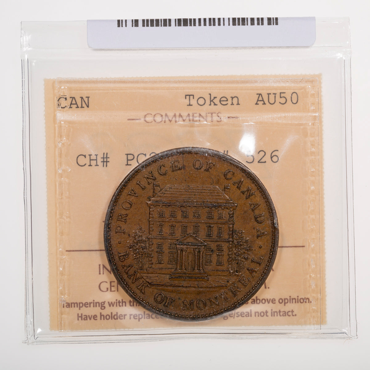 Province of Canada CH# PC-2B Bank of Montreal One Penny (1842) ICCS AU-50