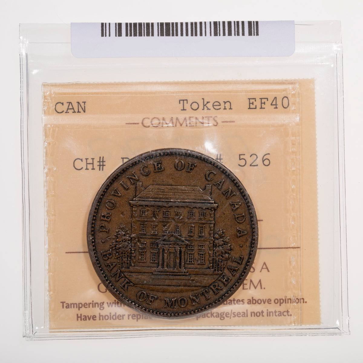 Province of Canada CH# PC-2B Bank of Montreal One Penny (1842) ICCS EF-40