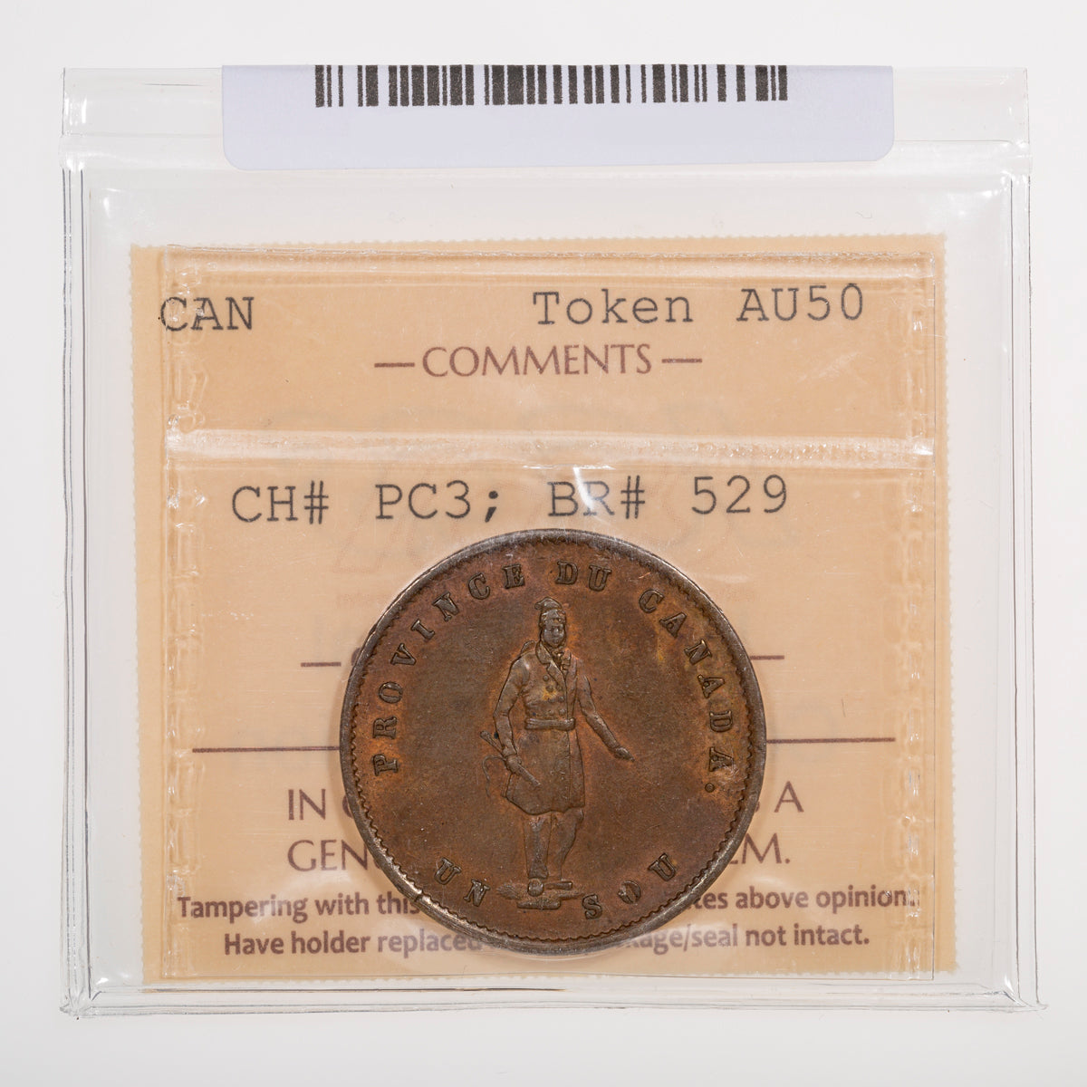 Province of Canada CH# PC-3 Quebec Bank Half Penny 1852 ICCS AU-50