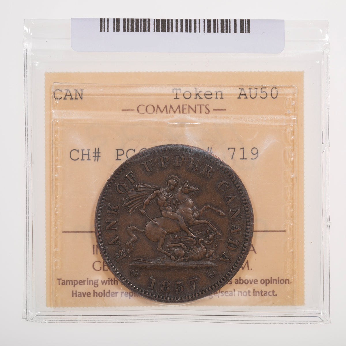 Province of Canada CH# PC-6D Bank of Upper Canada One Penny 1857 ICCS AU-50