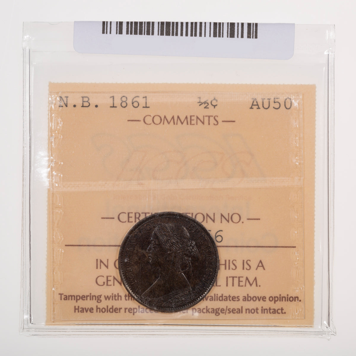 NB Half Cent 1861 ICCS AU-50