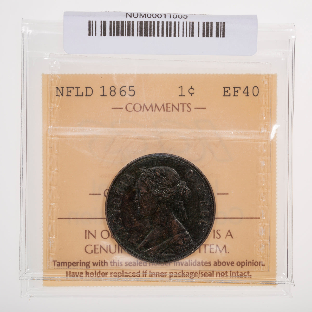 NFLD 1 Cent 1865 ICCS EF-40
