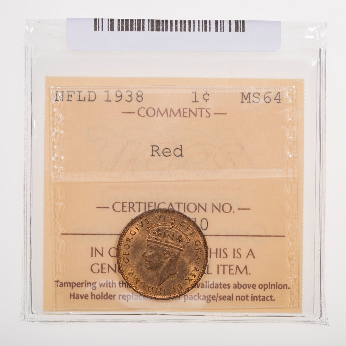 NFLD 1 Cent 1938 ICCS MS-64 Red