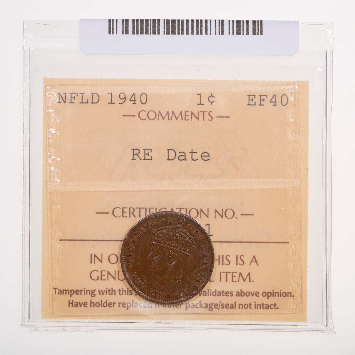 NFLD 1 Cent 1940 RE Date ICCS EF-40