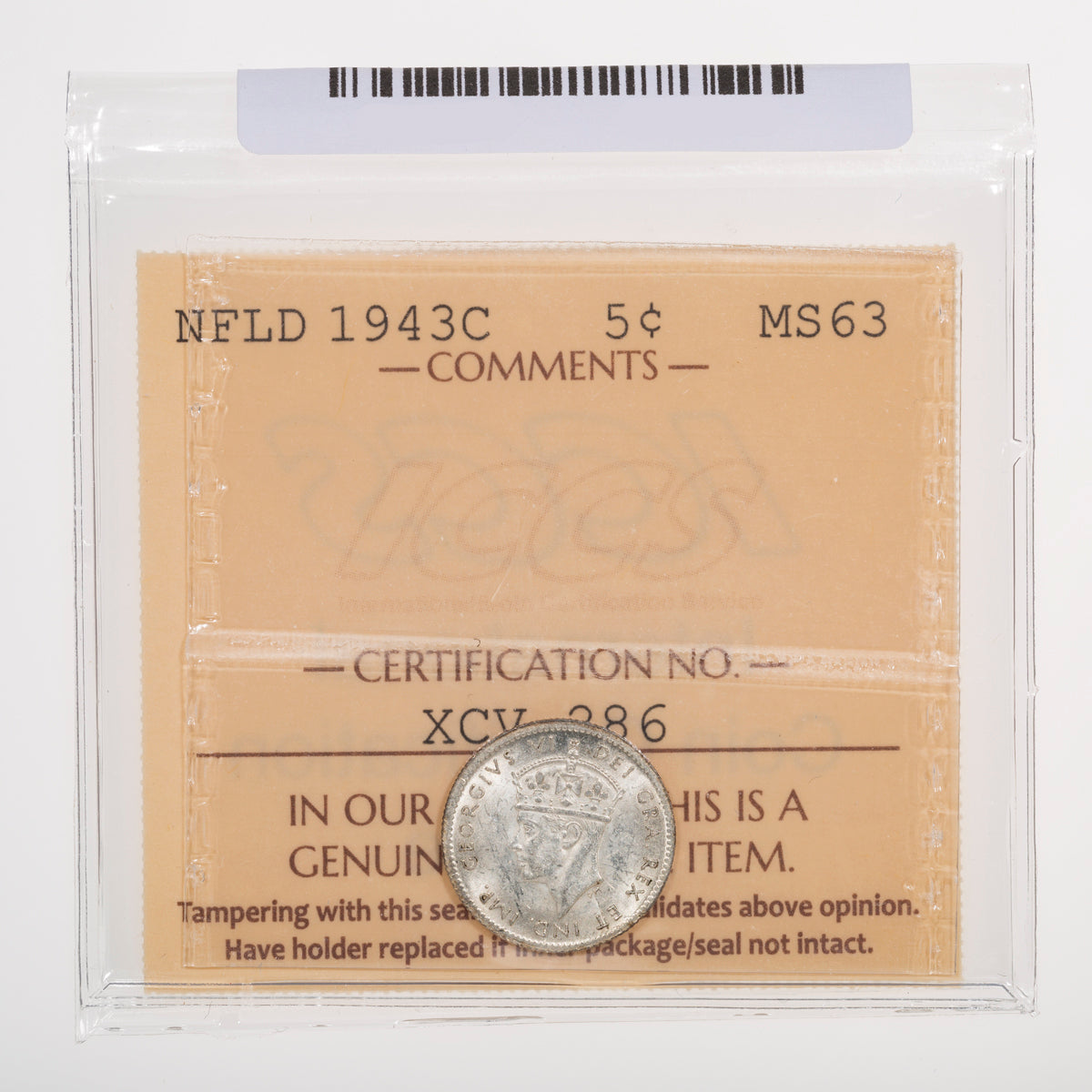 NFLD 5 Cent 1943C ICCS MS-63
