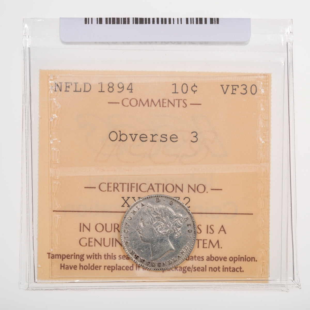 NFLD 10 Cent 1894 ICCS VF-30