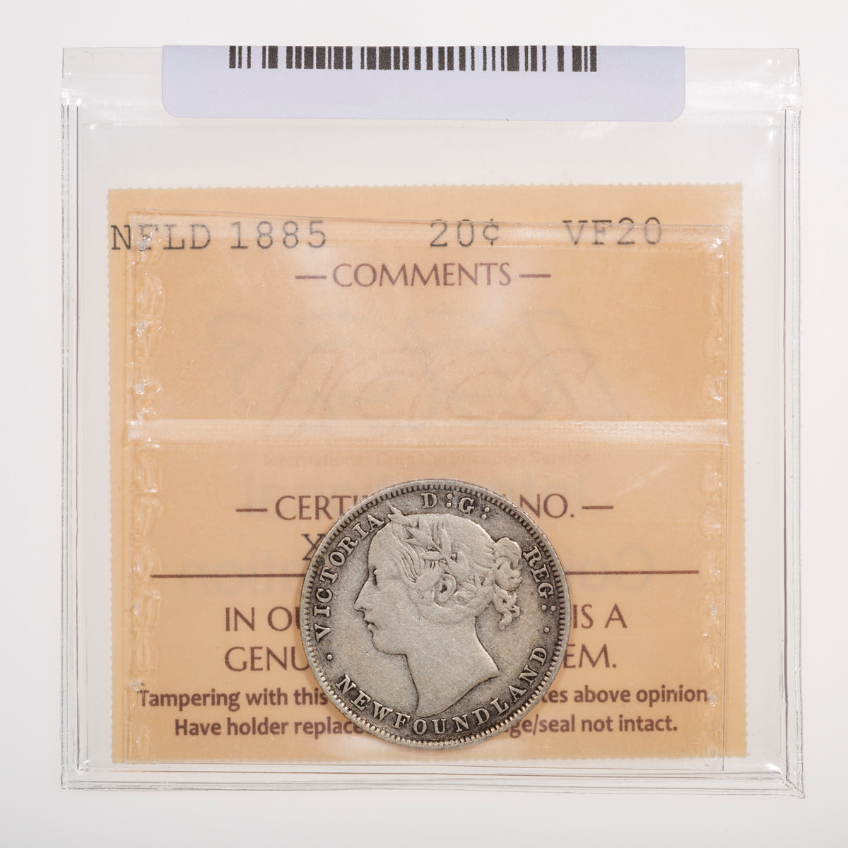 NFLD 20 Cent 1885 ICCS VF-20