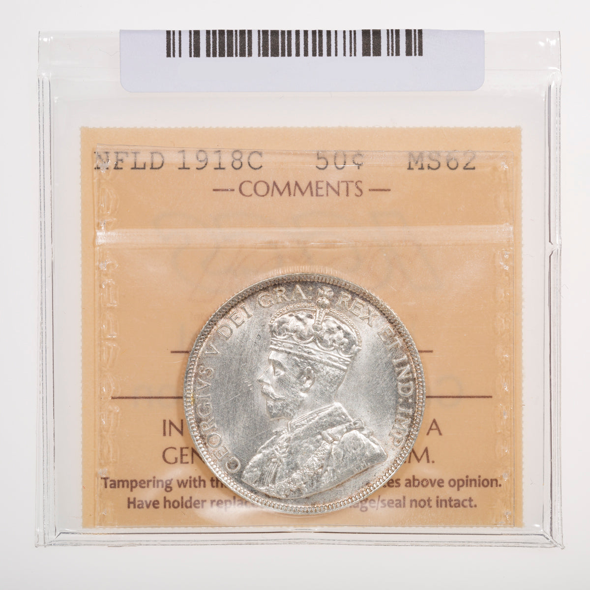 NFLD 50 Cent 1918C ICCS MS-62