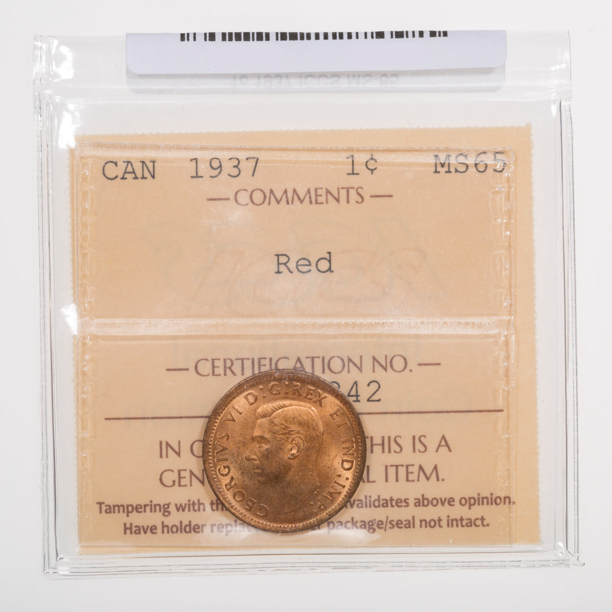 1 Cent 1937 ICCS MS-65 Red