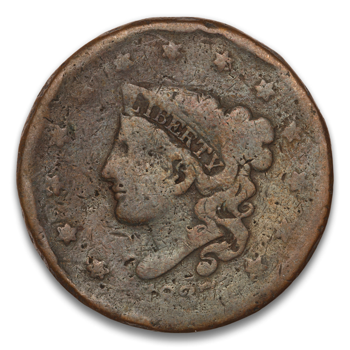 US 1 Cent Coronet 1837 Plain Cord, Medium Letters Non-Certified G-4