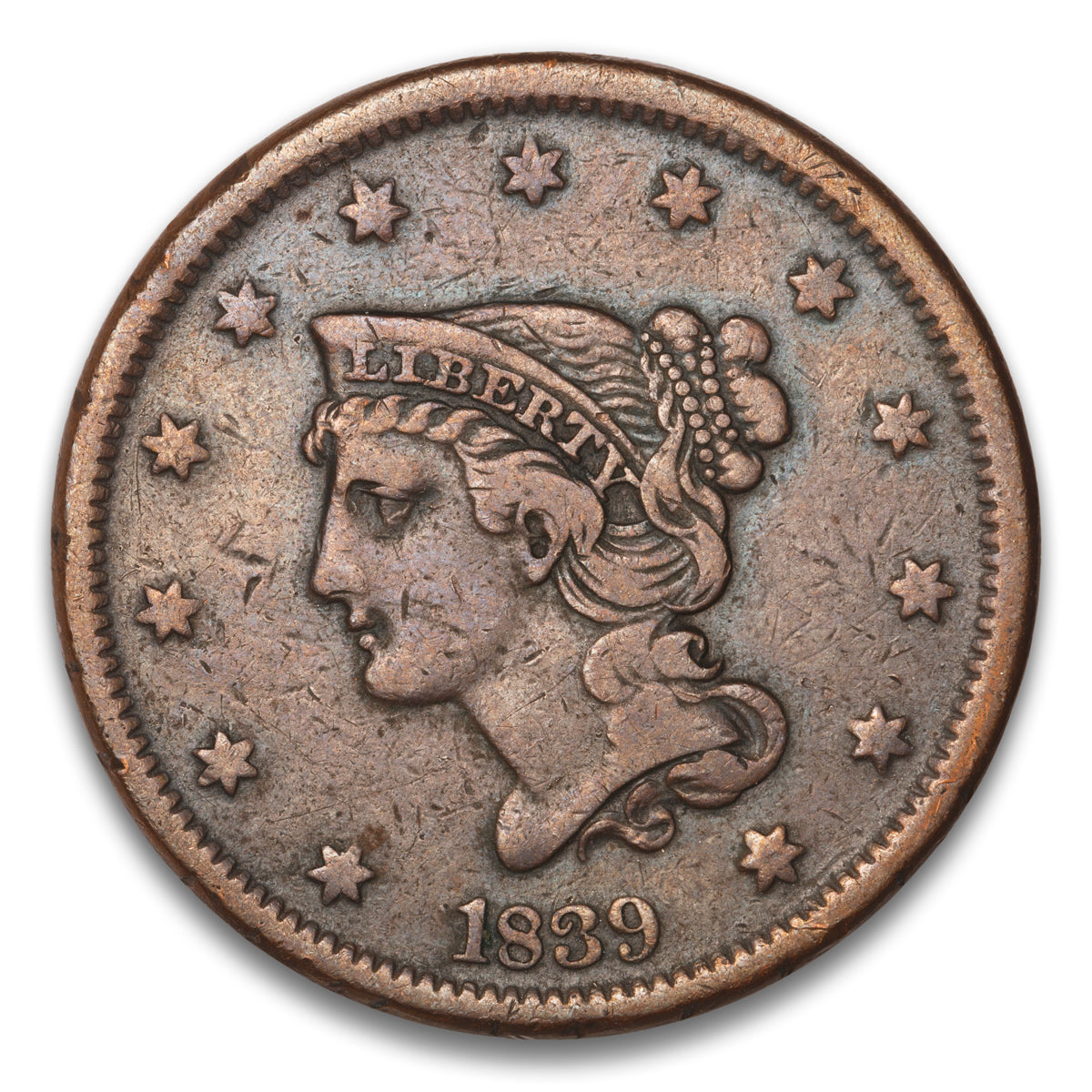 US 1 Cent Braided Hair 1839 Non-Certified VF-20
