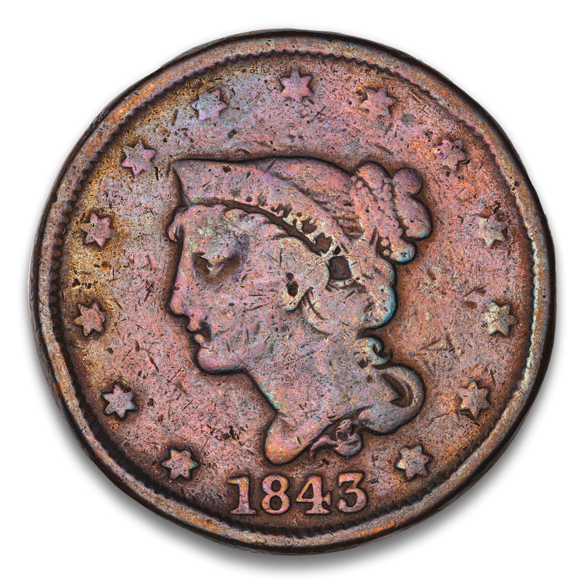 US 1 Cent Braided Hair 1843 Petite Head, Small Letters Non-Certified G-4