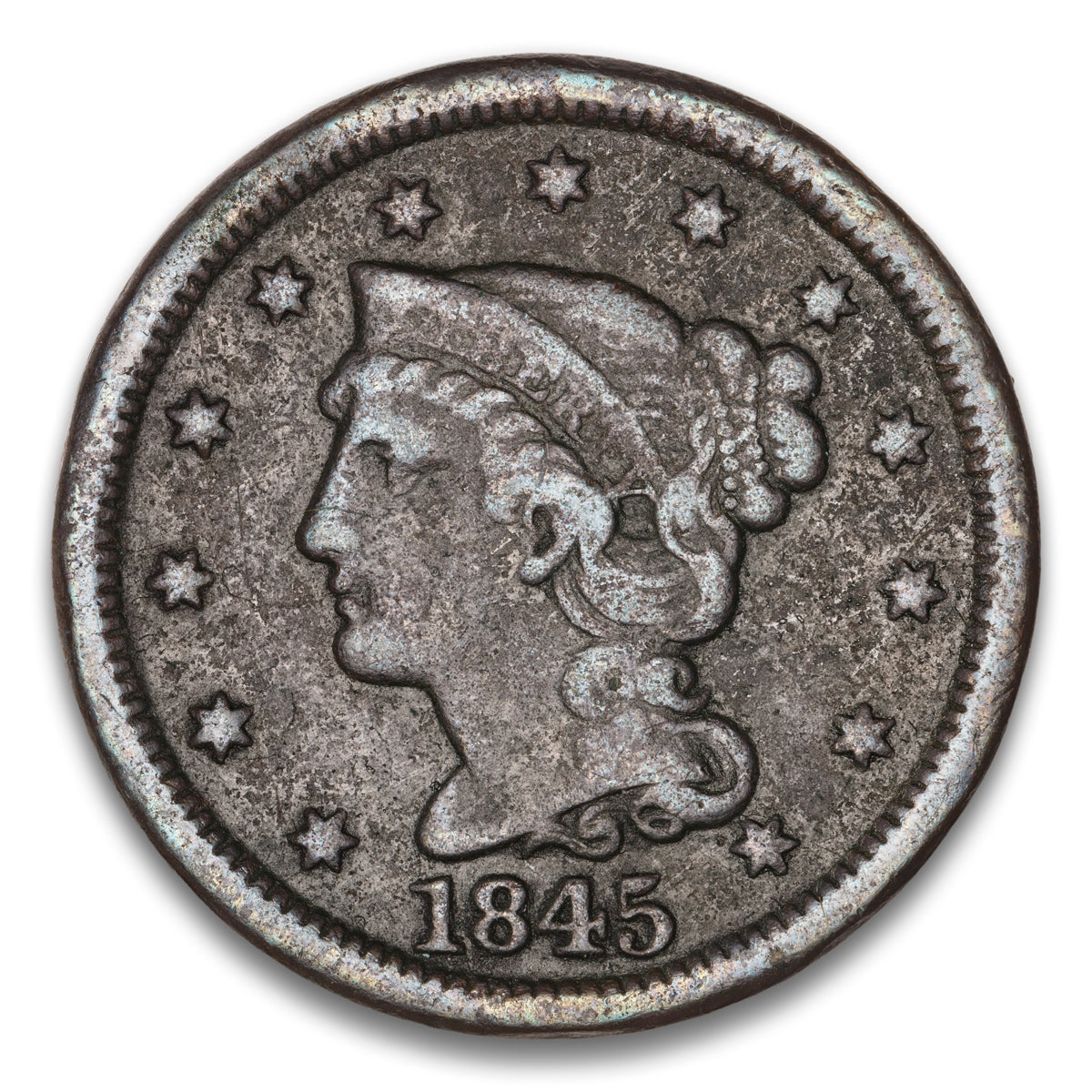 US 1 Cent Braided Hair 1845 Non-Certified F-15