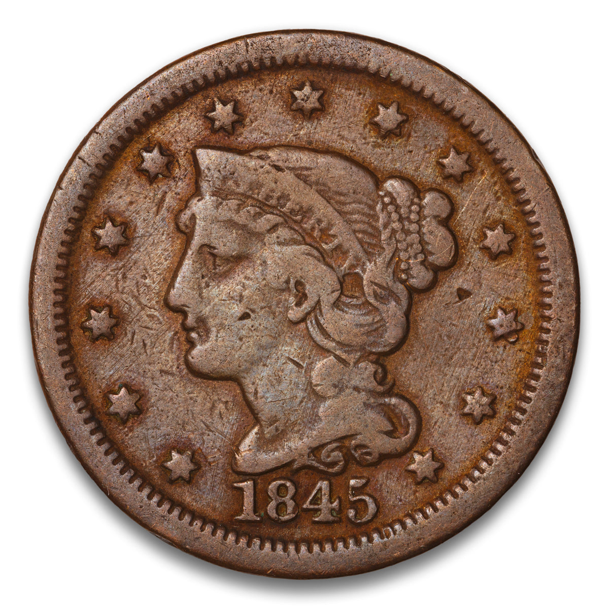 US 1 Cent Braided Hair 1845 Non-Certified VG-10