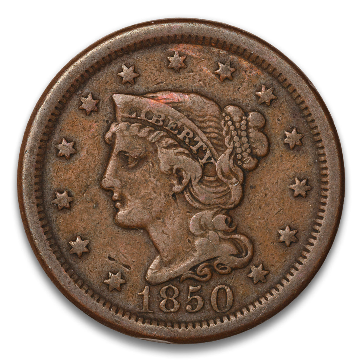 US 1 Cent Braided Hair 1850 Non-Certified VF-20