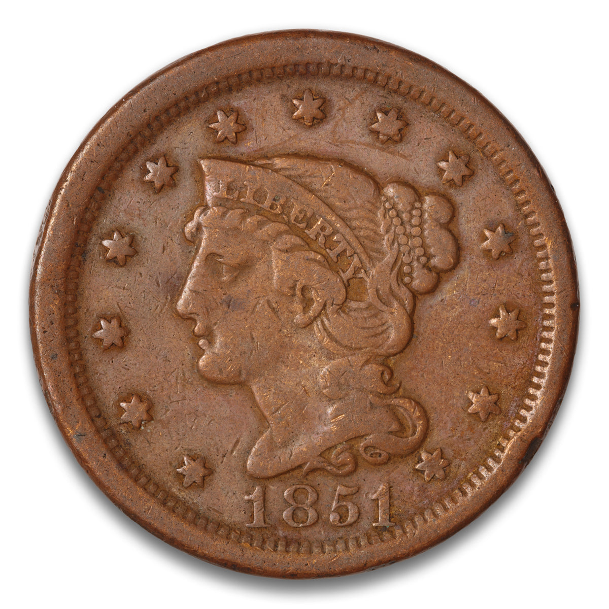 US 1 Cent Braided Hair 1851 Non-Certified F-15