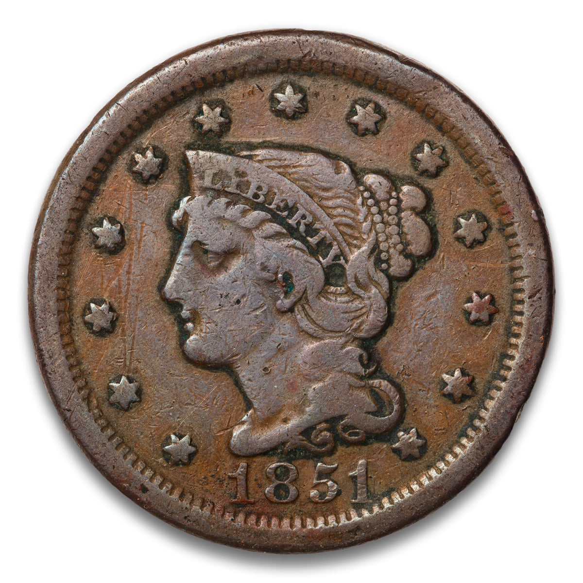 US 1 Cent Braided Hair 1851 Non-Certified F-12