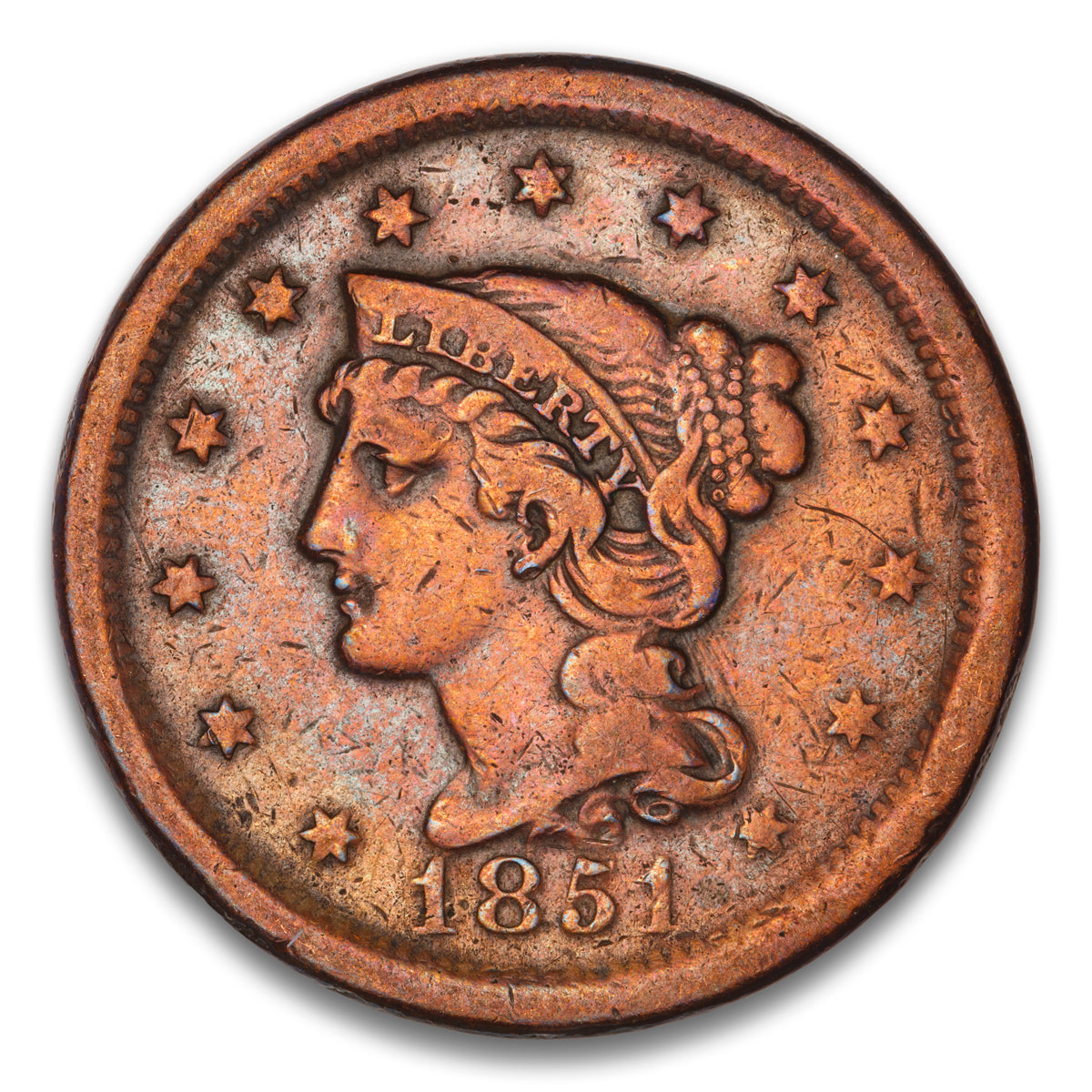 US 1 Cent Braided Hair 1851 Non-Certified F-12