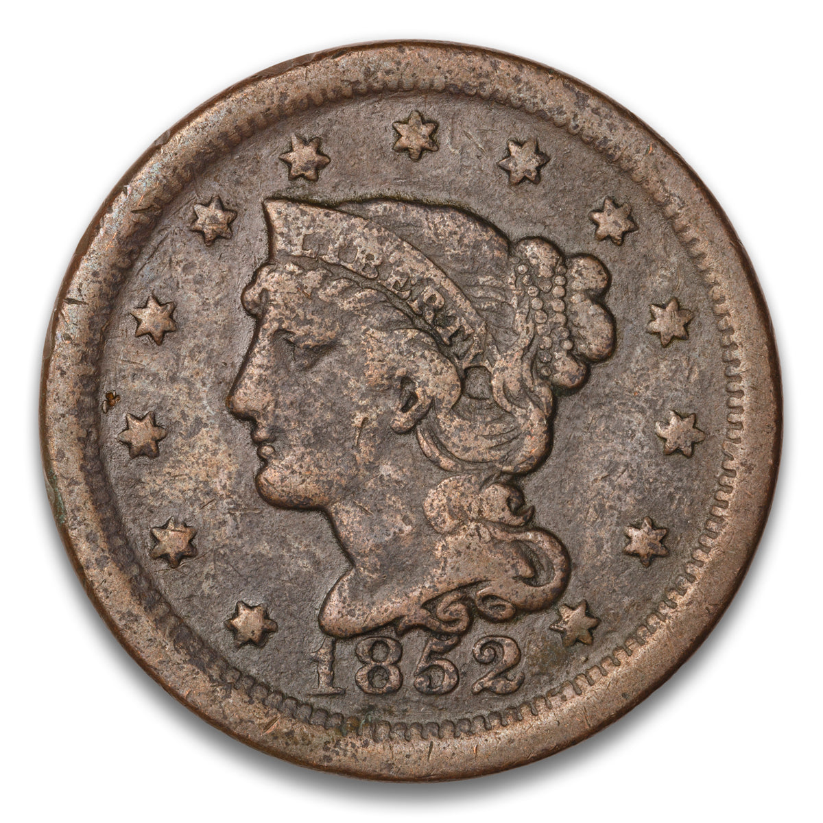 US 1 Cent Braided Hair 1852 Non-Certified F-15