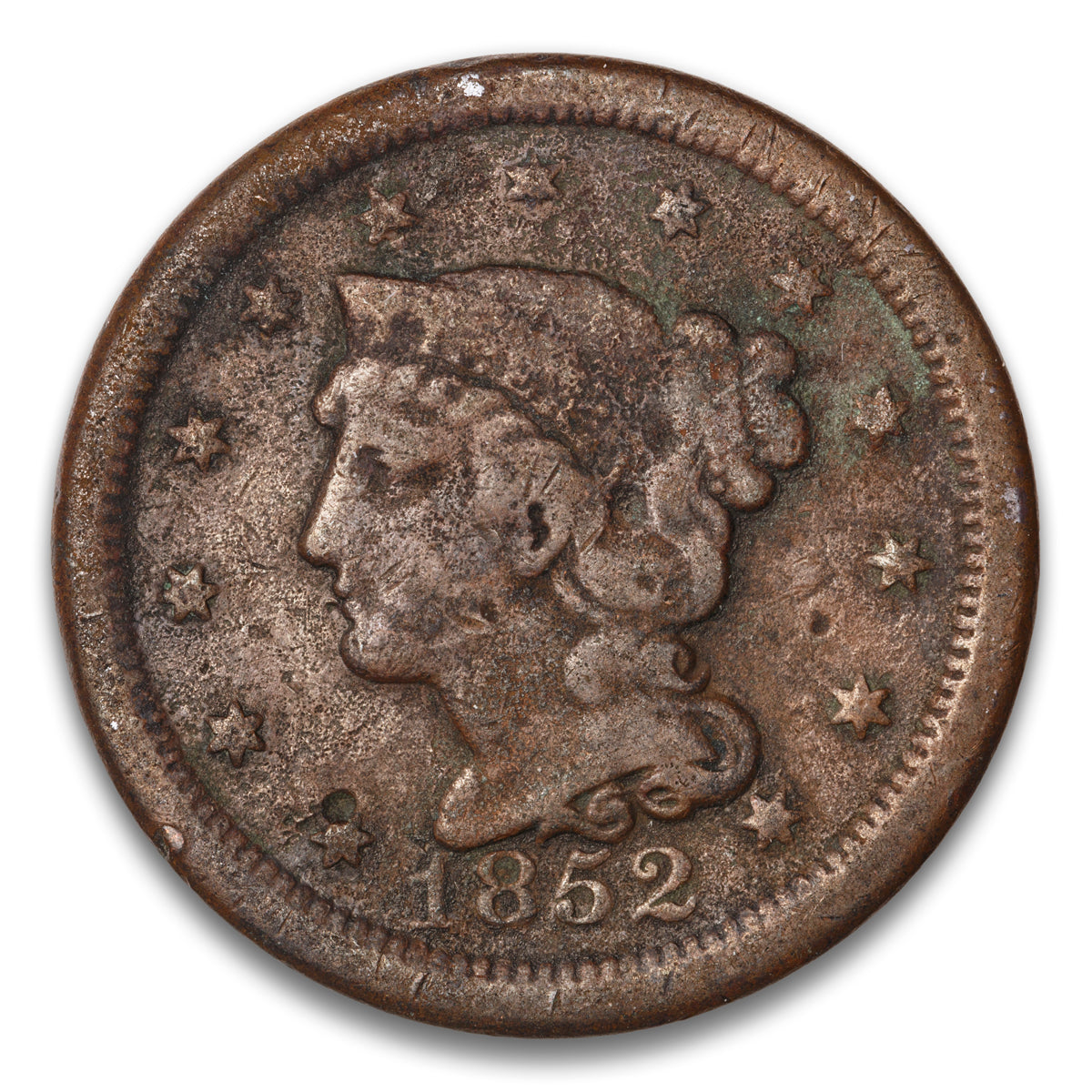 US 1 Cent Braided Hair 1852 Non-Certified VG-10