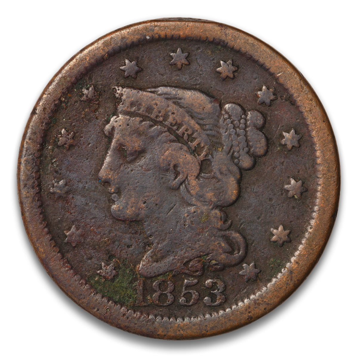 US 1 Cent Braided Hair 1853 Non-Certified G-6